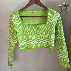 Stradivarius Green and White Chevron Crop Top